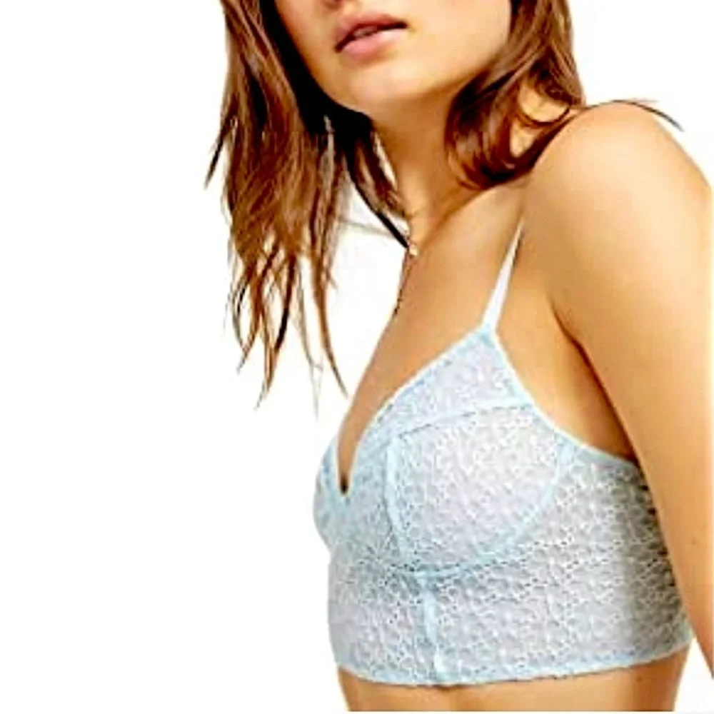 Free People Women's Floral-Embroidery Lace Long Line Bra Light Blue Size Large